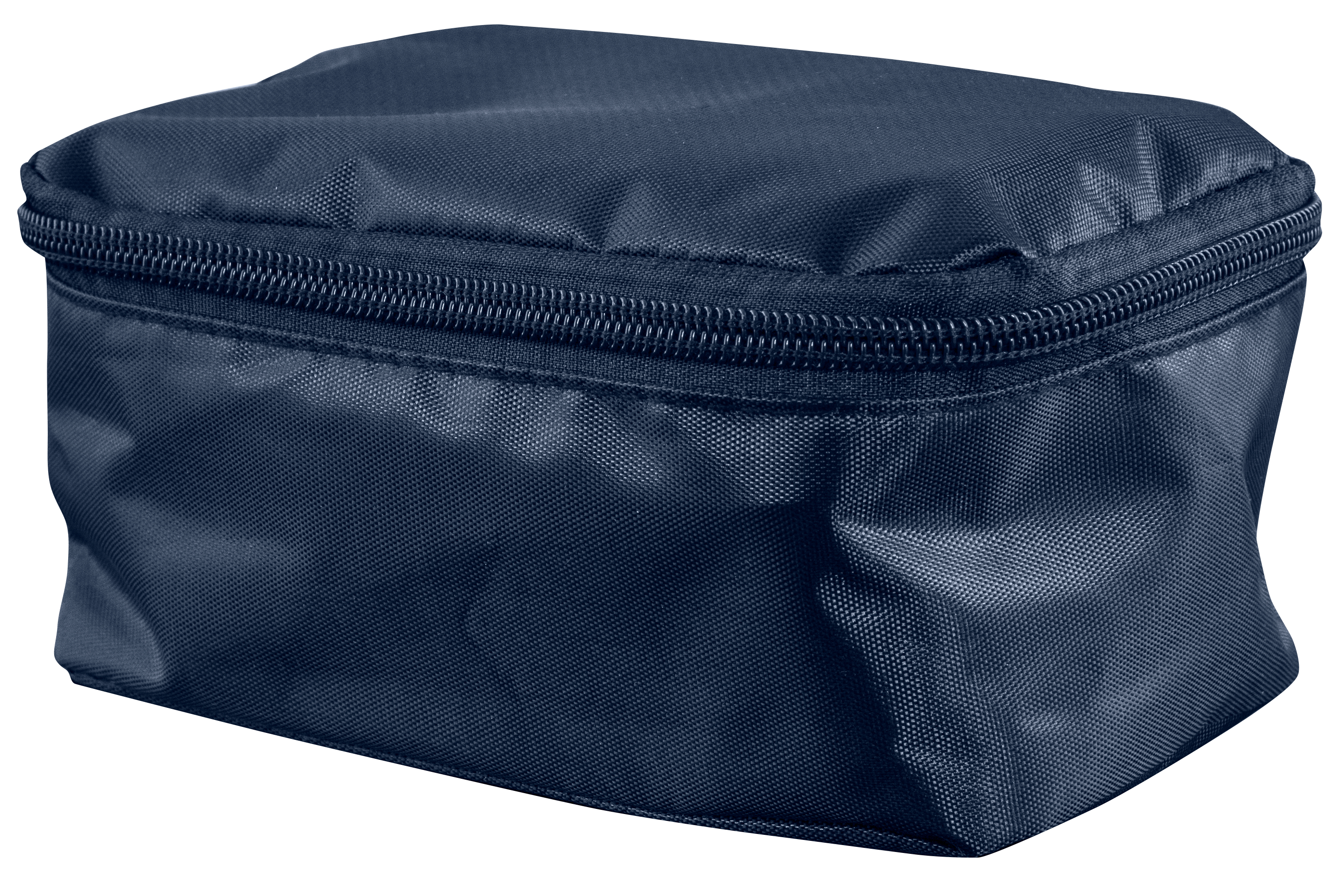 Dunkelblaue rechteckige Tasche mit Reißverschluss. Weißer Hintergrund.