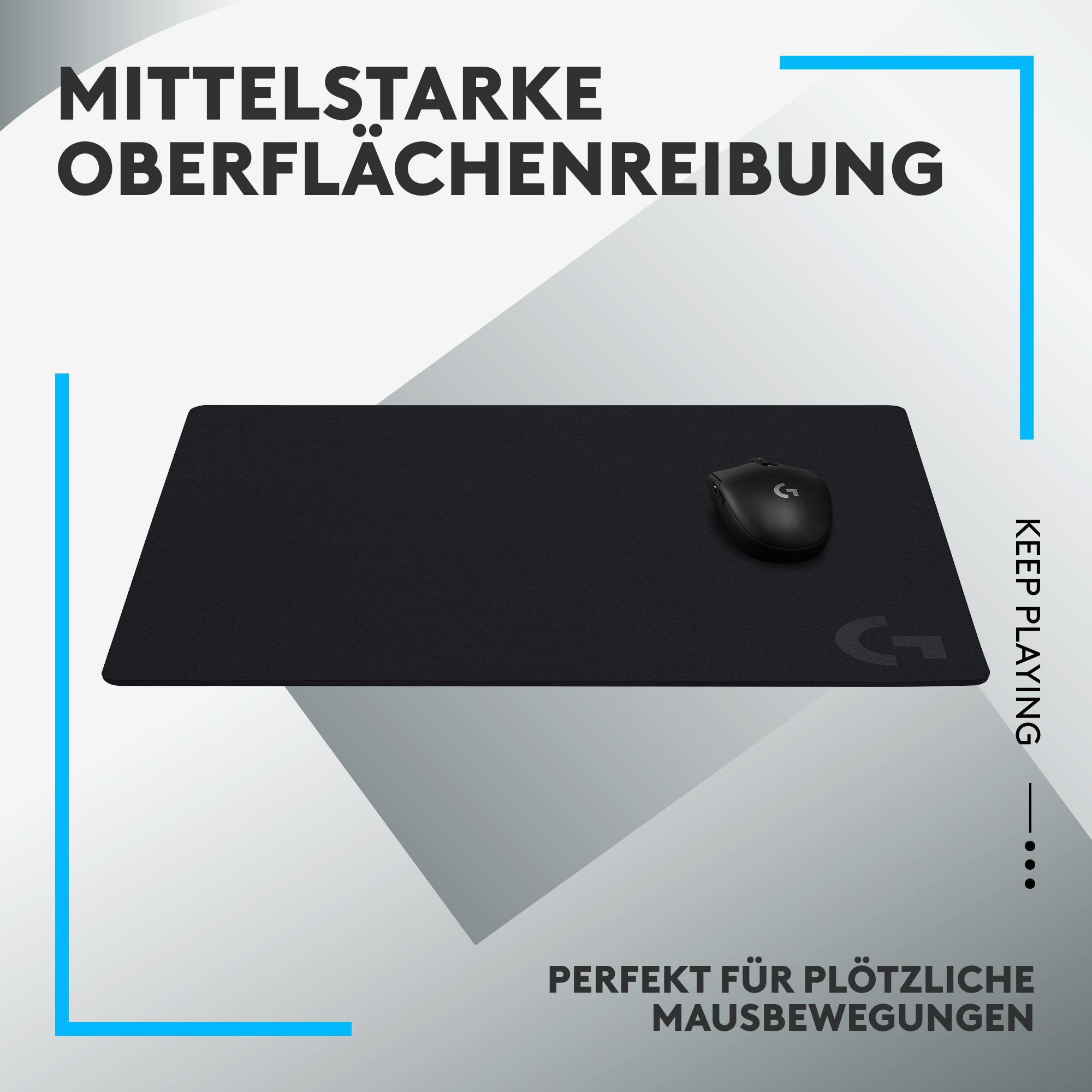 Schwarze Maus auf schwarzem Mauspad. Text oben: 'MITTELSTARKE OBERFLÄCHENREIBUNG'.