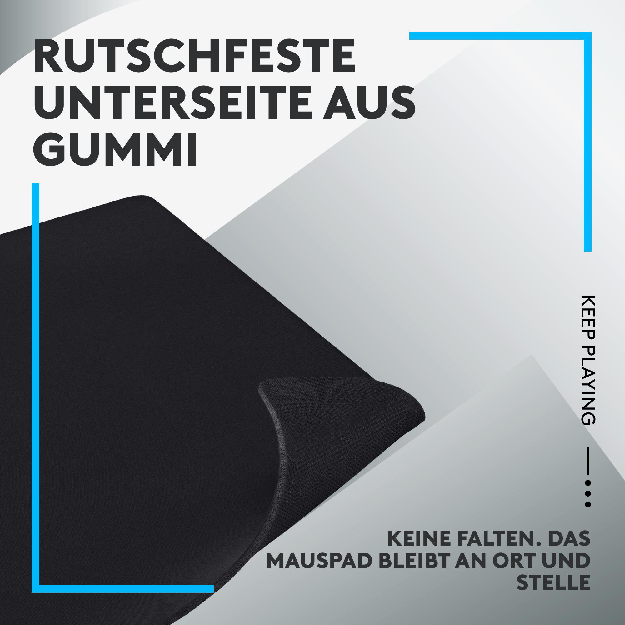 Schwarzes Mauspad mit rutschfester Gummibasis und Text.