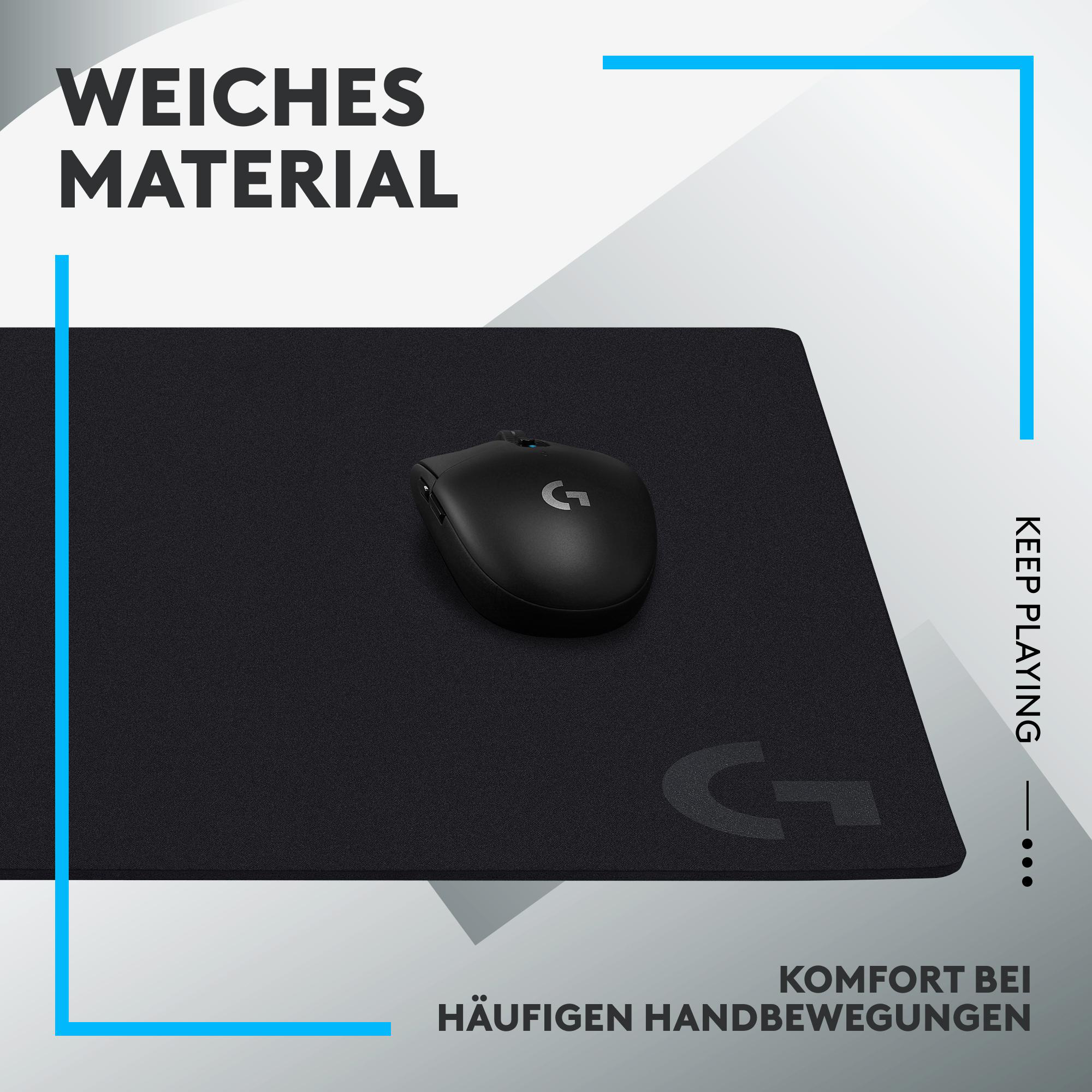 Schwarze Maus auf einem schwarzen Mauspads mit blauen Linien.