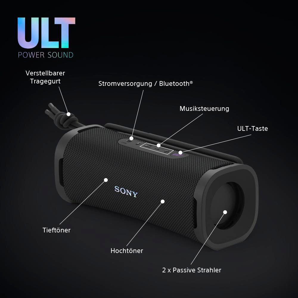 Schwarzer Lautsprecher mit beschrifteten Komponenten. Mit Tragegurt und Bluetooth.