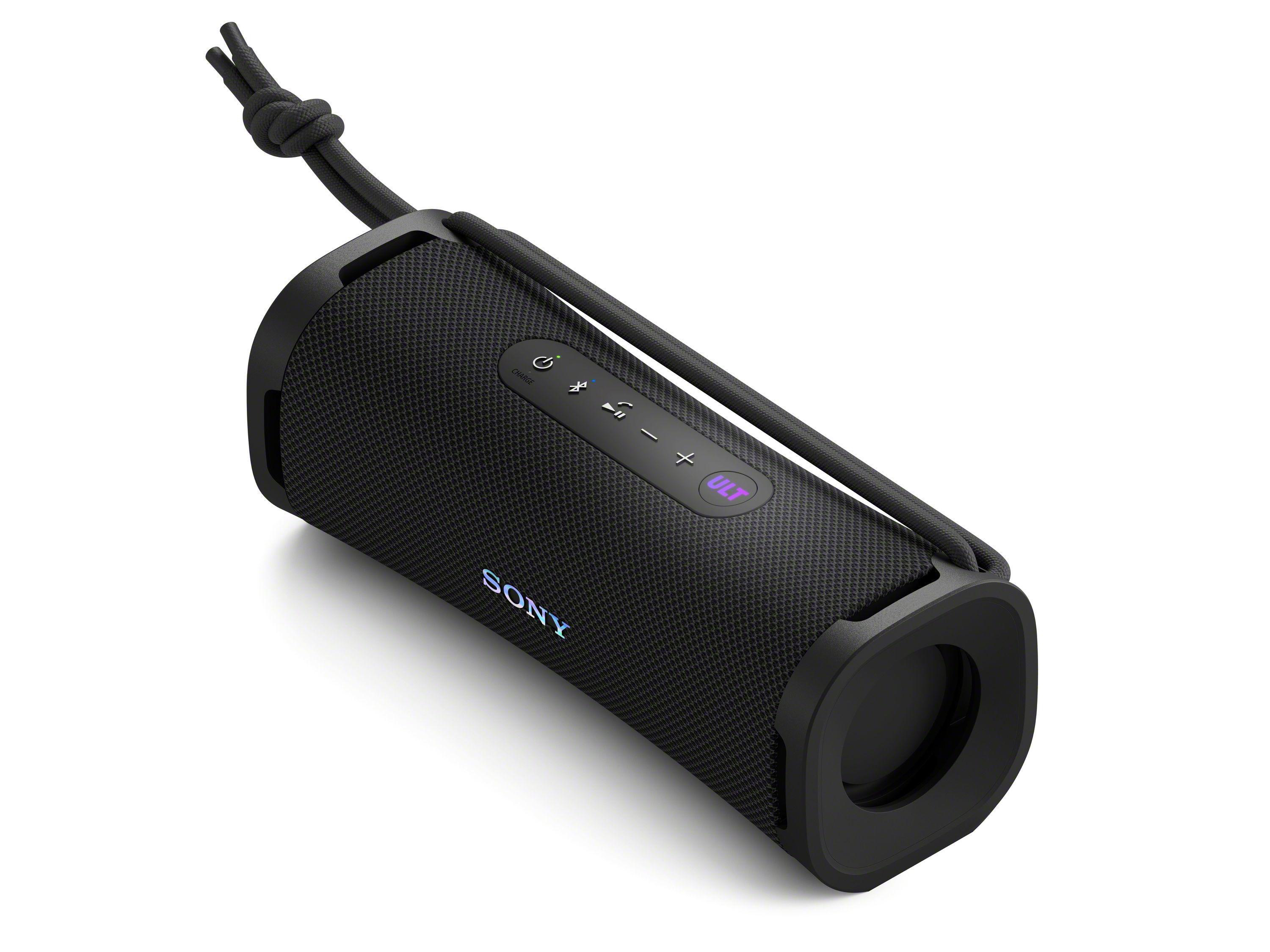 Schwarzer Sony-Lautsprecher mit Griff. Der Lautsprecher hat Knöpfe und das Sony-Logo.