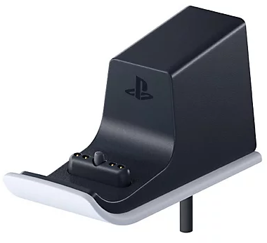 Fekete-fehér PlayStation 5 töltőállomás fehér háttérben.