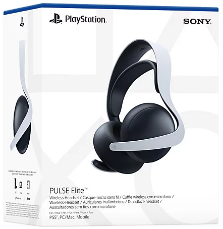 Egy doboz Sony PlayStation Pulse Elite vezeték nélküli fejhallgató. A doboz fehér és fekete.
