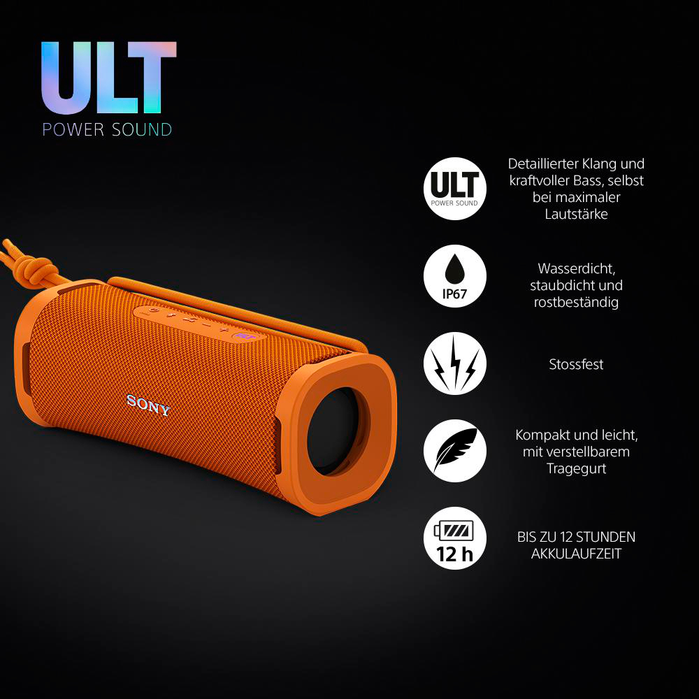 Oranger zylindrischer Lautsprecher mit orangefarbenen Akzenten, Sony-Logo und Symbolen mit Text auf schwarzem Hintergrund.