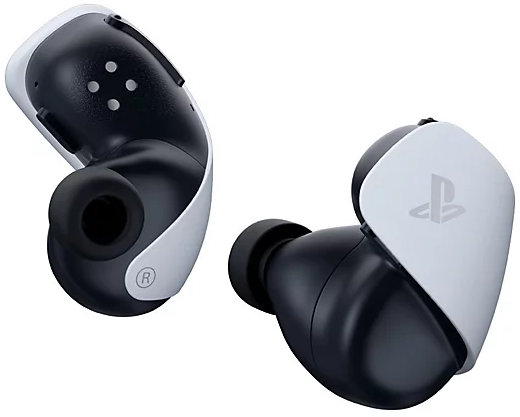 Fekete-fehér PlayStation fülhallgató pár, ferde nézetből.