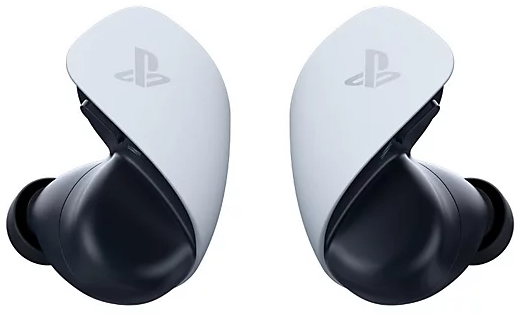 Fehér és fekete Playstation fülhallgatók, szögletes nézetben, a Playstation logóval.