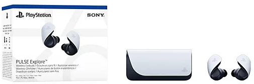 Két pár fehér-fekete fülhallgató és egy fehér töltőtok. Mindegyiken PlayStation logó látható.
