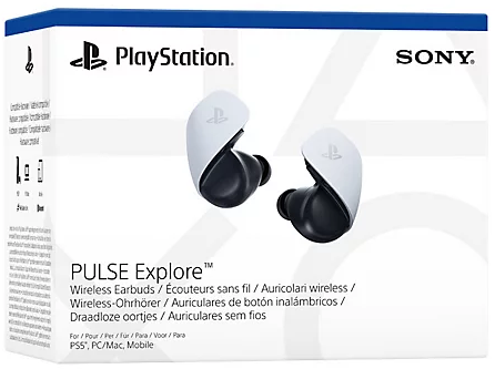 Fehér-fekete PlayStation fülhallgató doboz, a fülhallgatókkal.