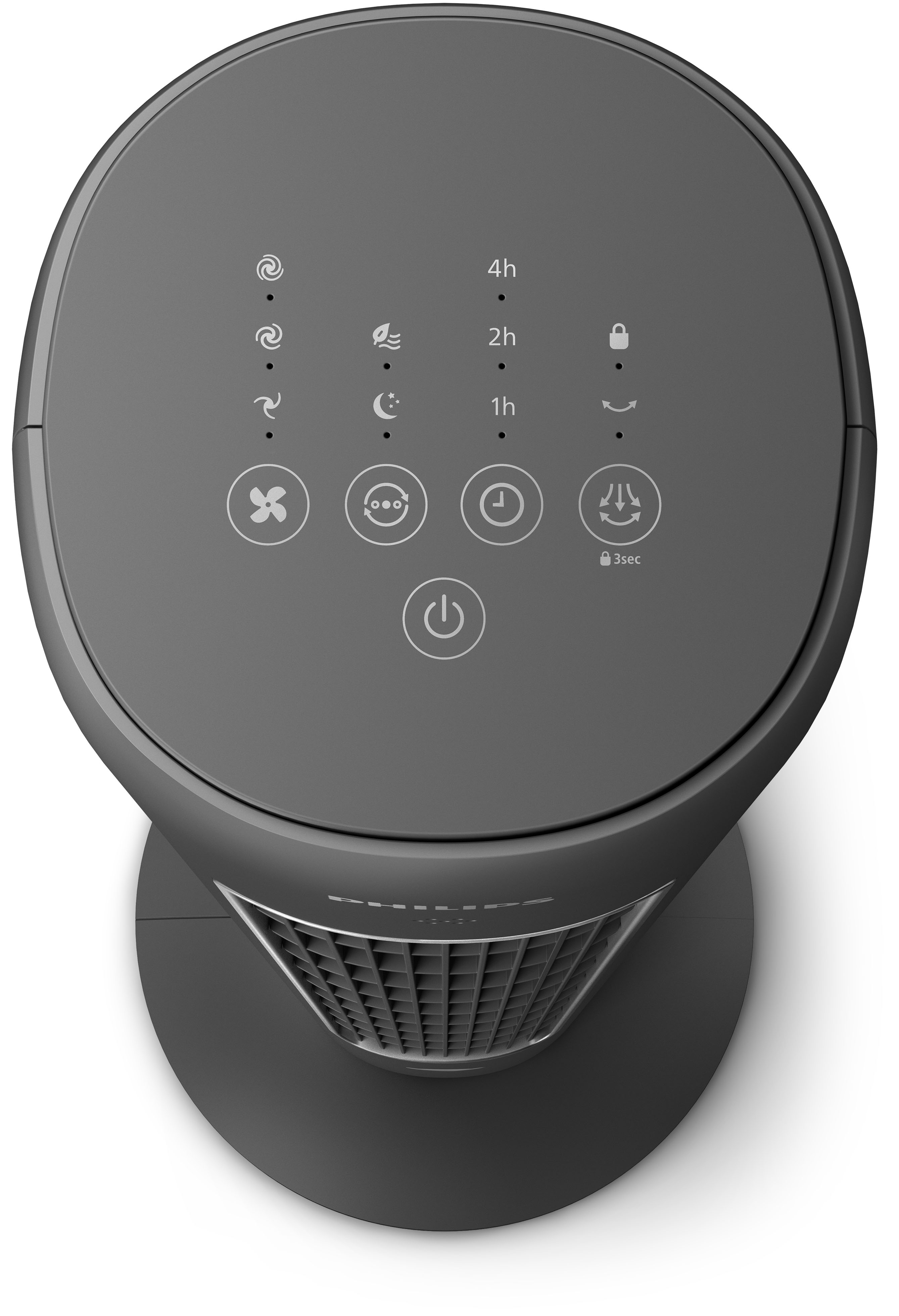 Vista superior de un ventilador gris. Controles de velocidad, temporizador y encendido.