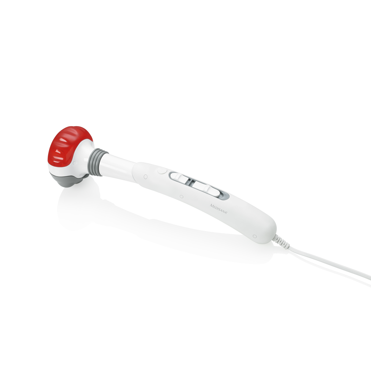 White massage tool with a red head. It has buttons and a cord. White background.