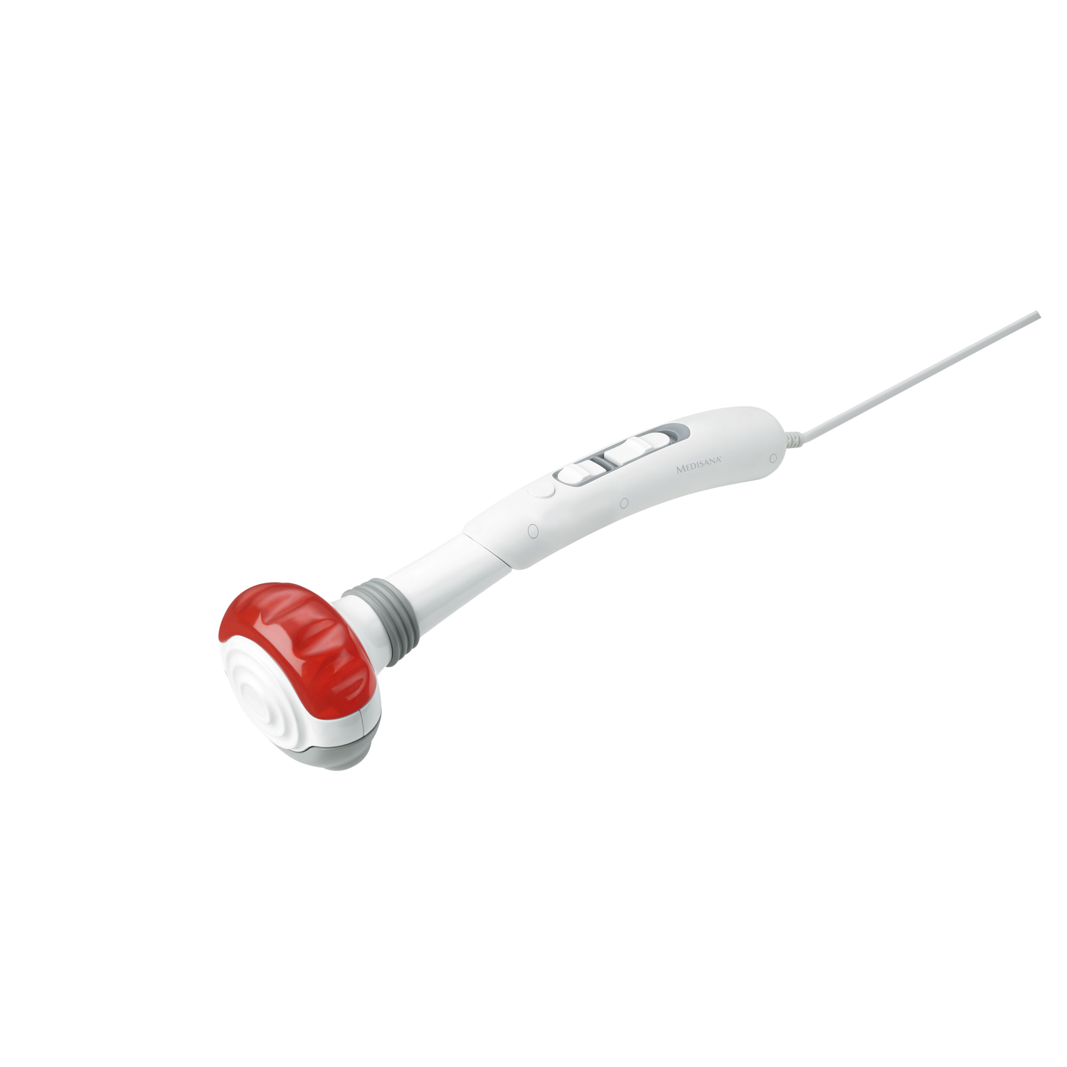 White massage wand with red head and gray accents on a white background.