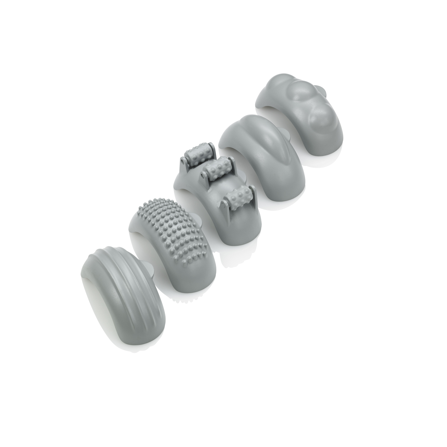 Five gray massage attachments are in a row, each with a different texture, on a white background.