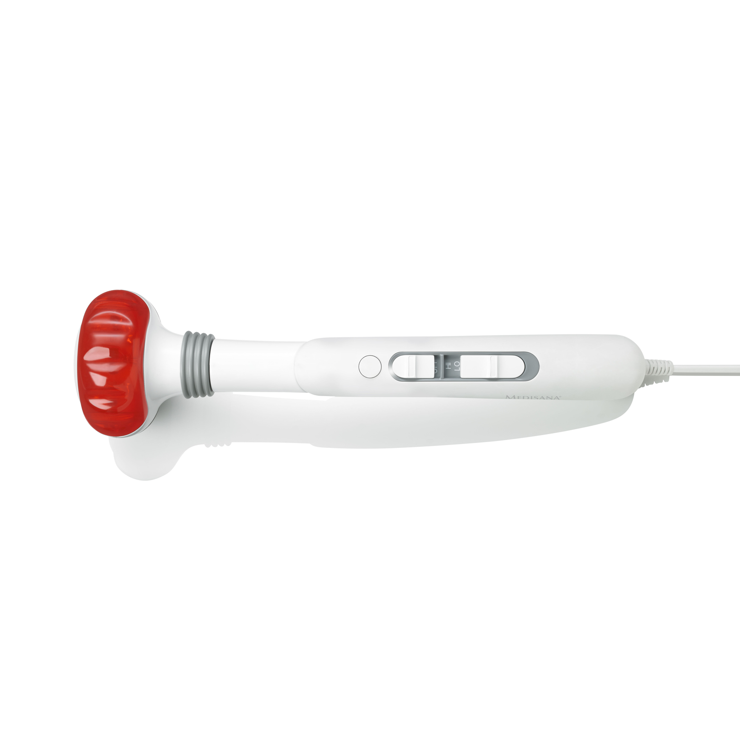 A white massage device with a red head. It's white and has buttons.