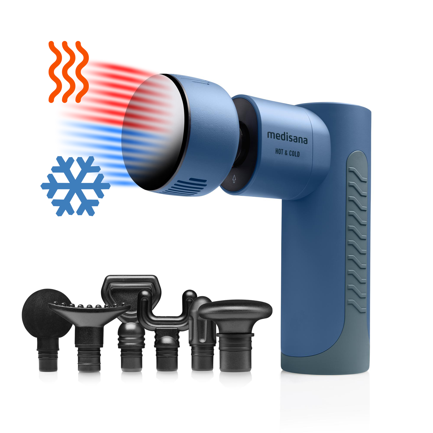 Blauw Medisana Hot & Cold massagepistool met opzetstukken en warmte/kou-iconen.