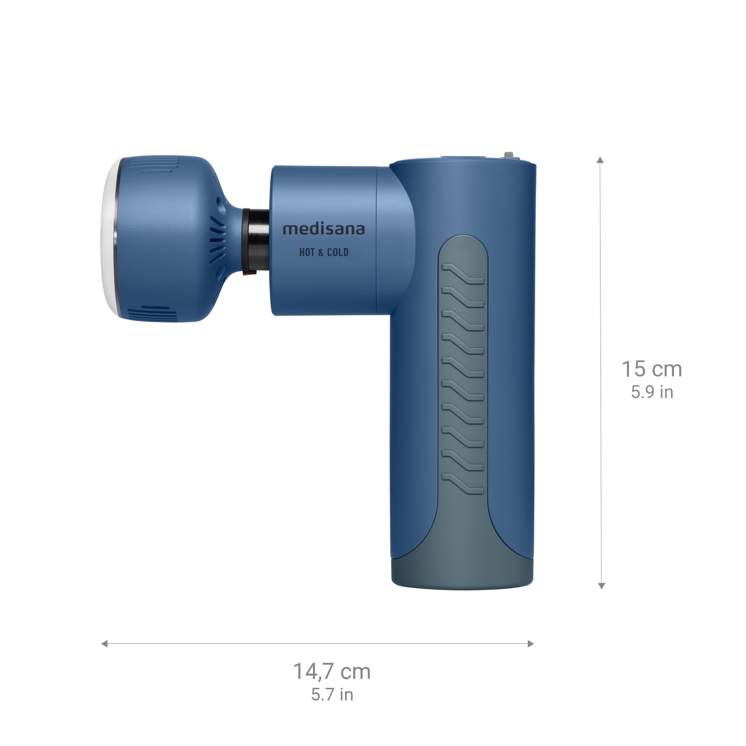 Blauw en grijs massagepistool. L-vormig met ronde kop en afmetingen.