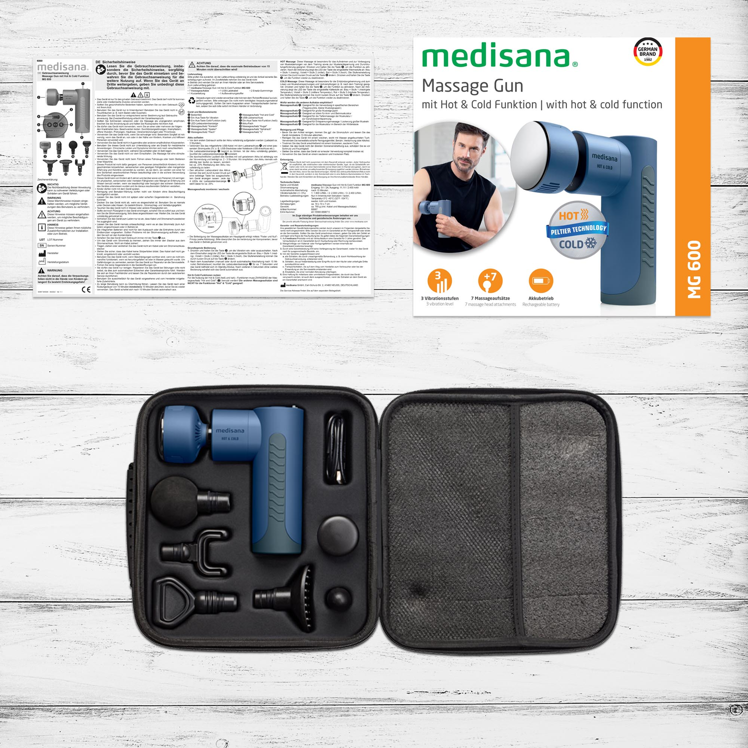 Massagepistool, accessoires en instructies. Blauw-zwarte koffer. Pistool blauw-wit. Instructies in het Duits.