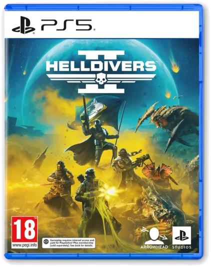 PS5 játékborító, Helldivers 2, katonákkal fegyverekkel egy bolygón, lényekkel.