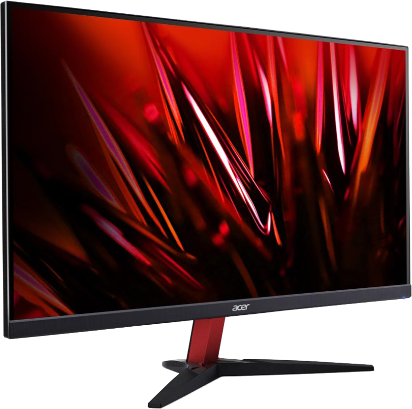 Játékmonitor piros-fekete állvánnyal, Acer logóval és piros háttérrel.