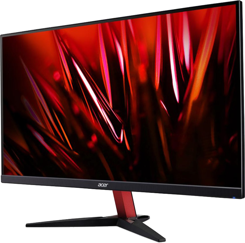 Monitor piros-fekete állvánnyal, színes képernyővel.