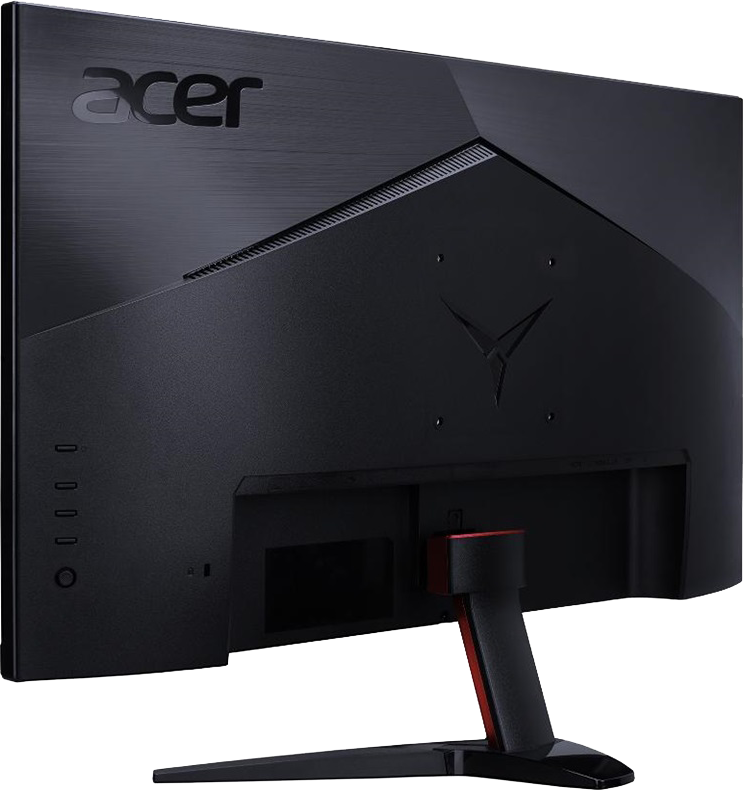 Fekete monitor hátulja, Acer logóval és piros díszítéssel fekete háttéren.
