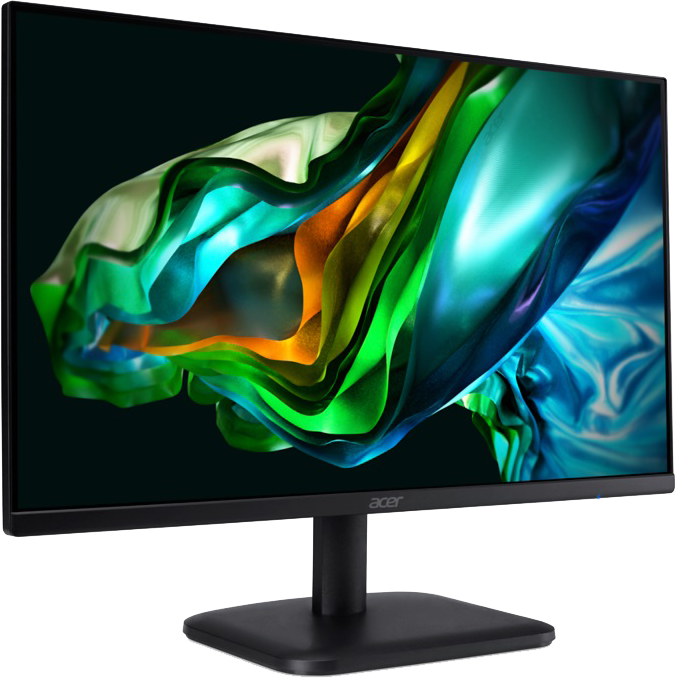 Acer monitor színes képernyővel. Fekete talp és keret. Fekete háttér.