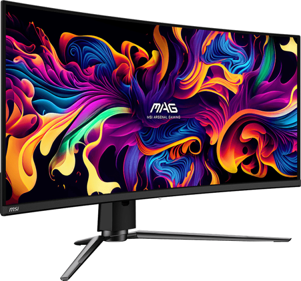 MSI ívelt gamer monitor színes absztrakt művészettel.