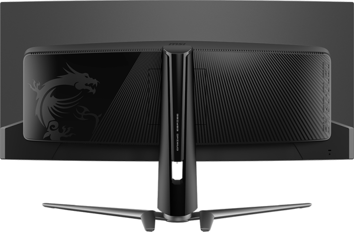 Fekete gamer monitor hátulja sárkány logóval és MSI márkajelzéssel.