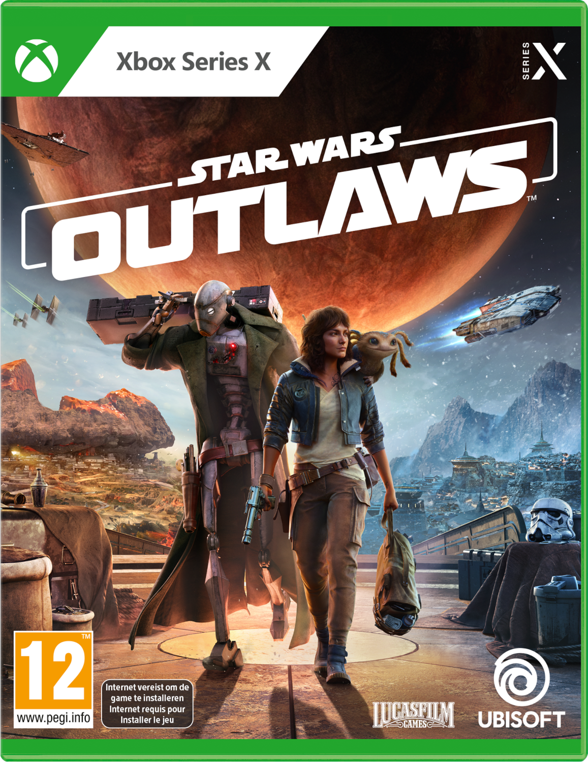 Xbox Series X gamebox. Toont twee personages in een woestijn met de tekst 'Star Wars Outlaws'.
