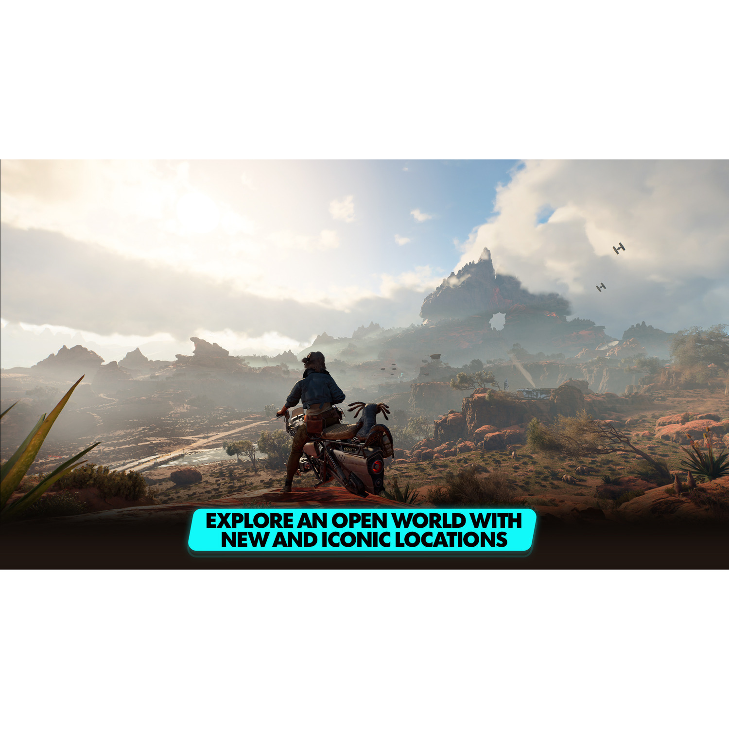 Een persoon op een motor op een weg. Een berg op de achtergrond, met de tekst 'EXPLORE AN OPEN WORLD WITH NEW AND ICONIC LOCATIONS'.