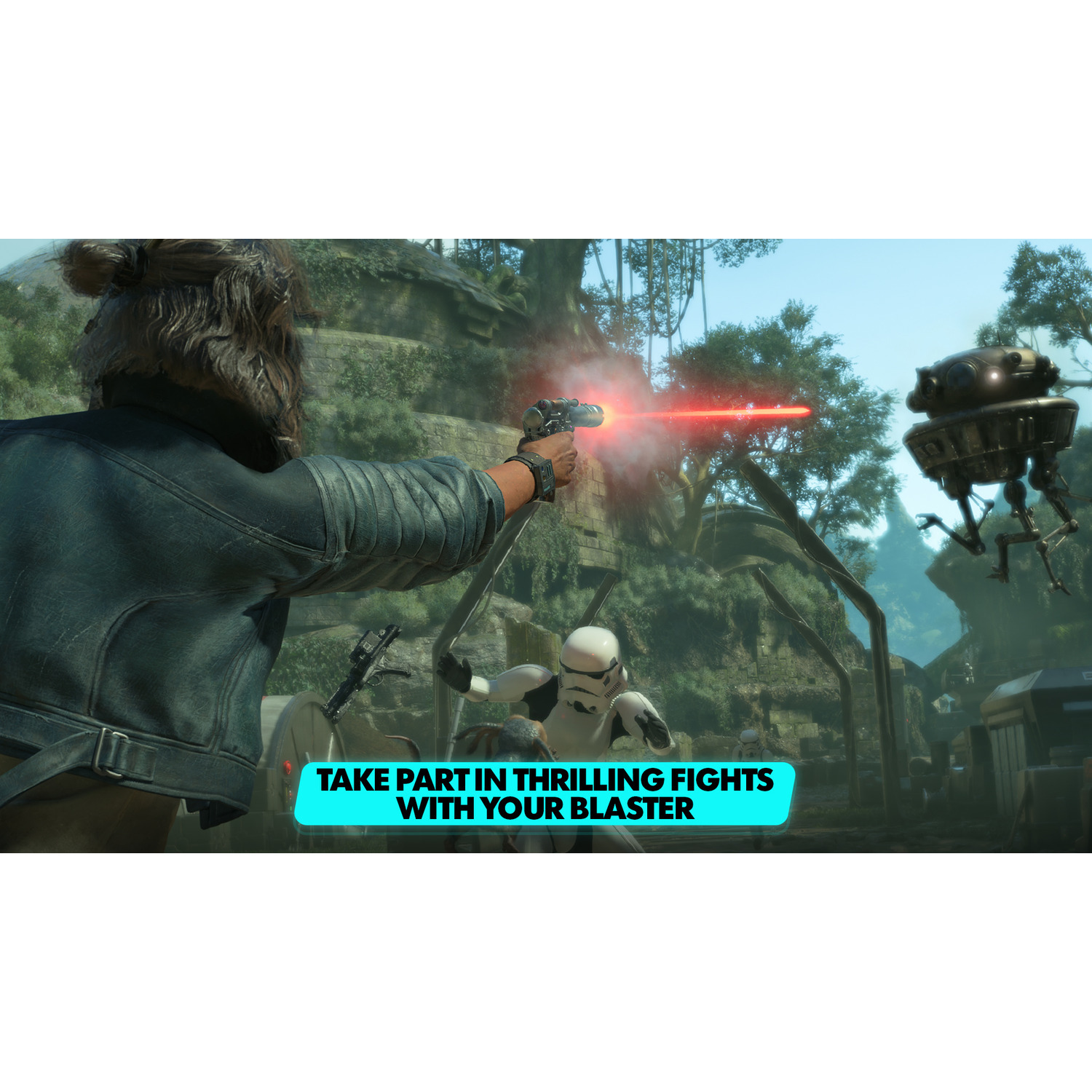 Star Wars-scène: Een personage schiet met een blaster op een stormtrooper en een droid. Tekst overlay.
