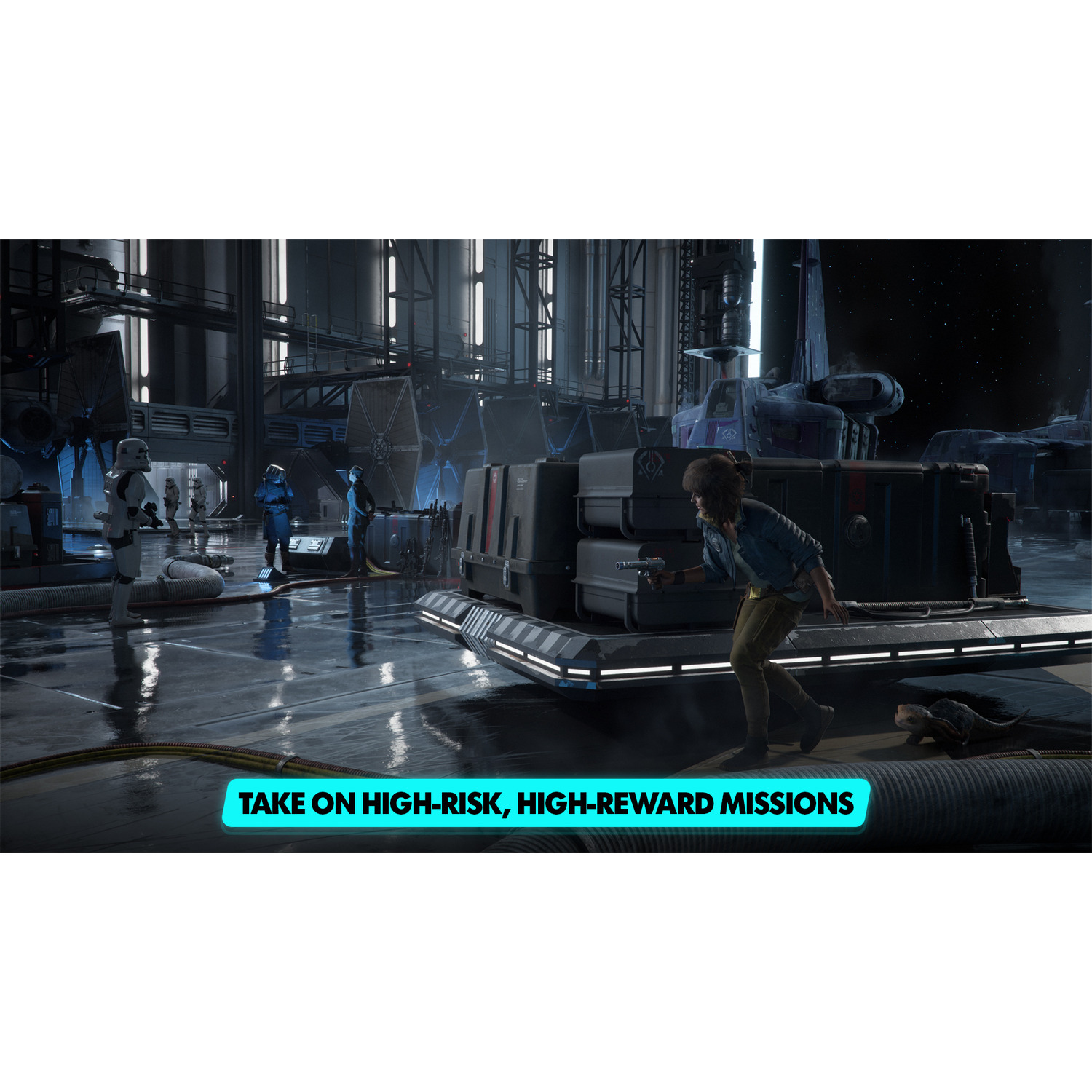 Een game-scene met personages in een ruimteschipomgeving. Tekst zegt: 'TAKE ON HIGH-RISK, HIGH-REWARD MISSIONS'.