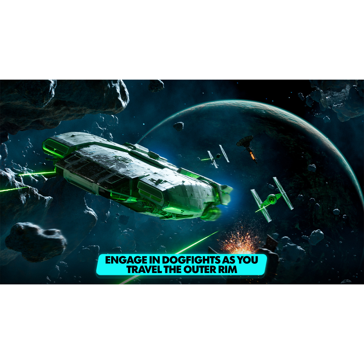 Scène de science-fiction d'un vaisseau spatial en combat aérien, avec le texte 'Engage in dogfights'.