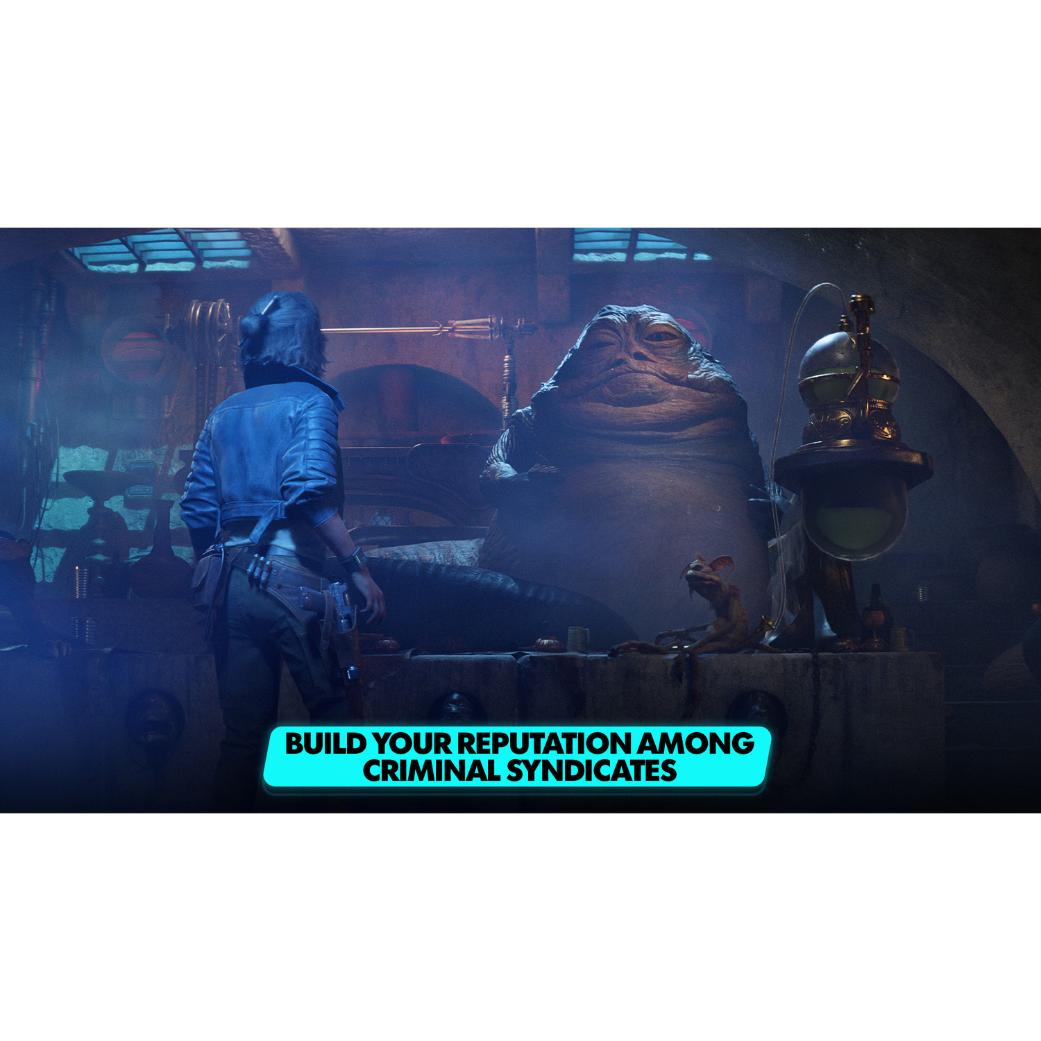 Jabba le Hutt est assis avec une femme. Une petite créature est près de lui.