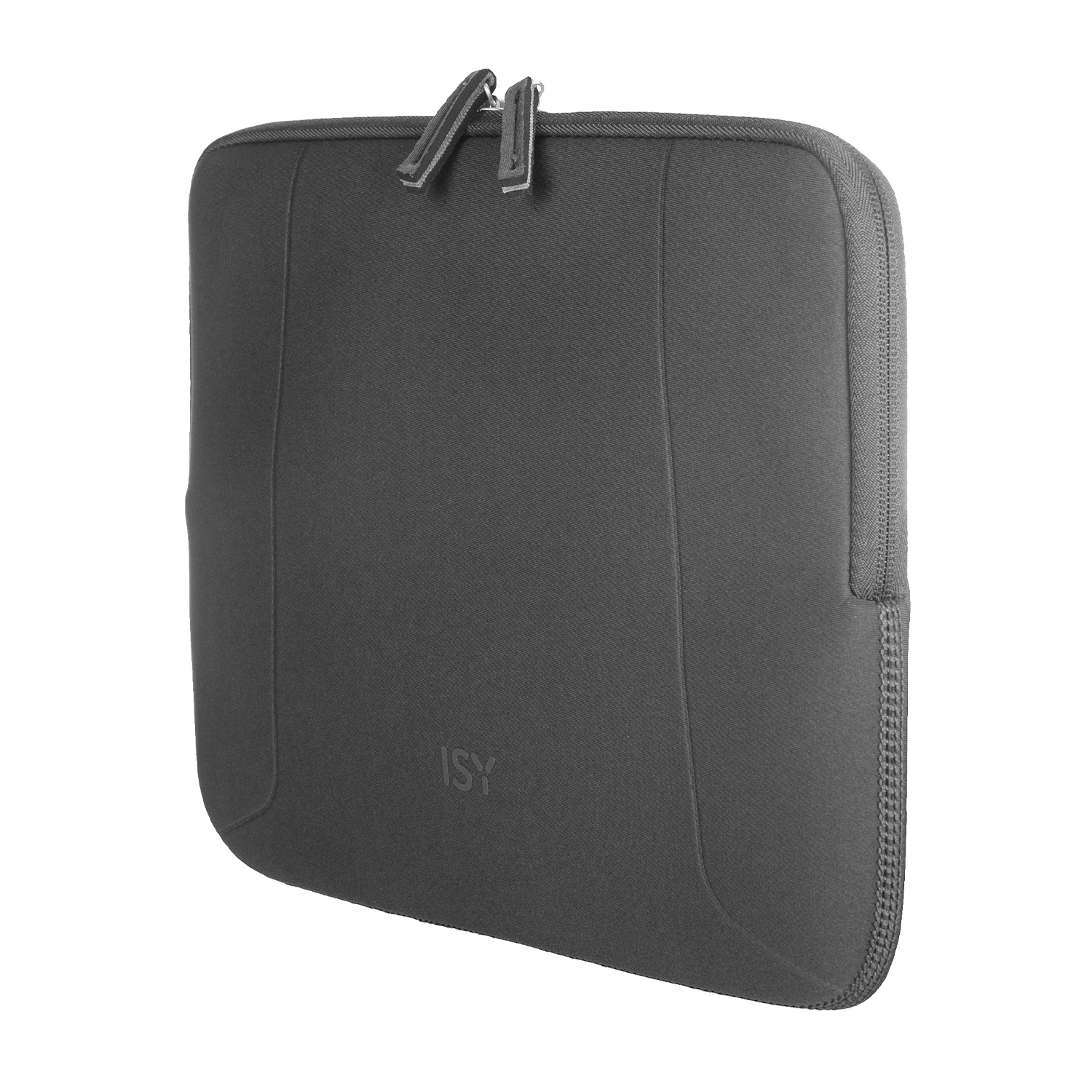 Custodia grigia per laptop con cerniera. Logo ISY sul davanti. Sfondo bianco.