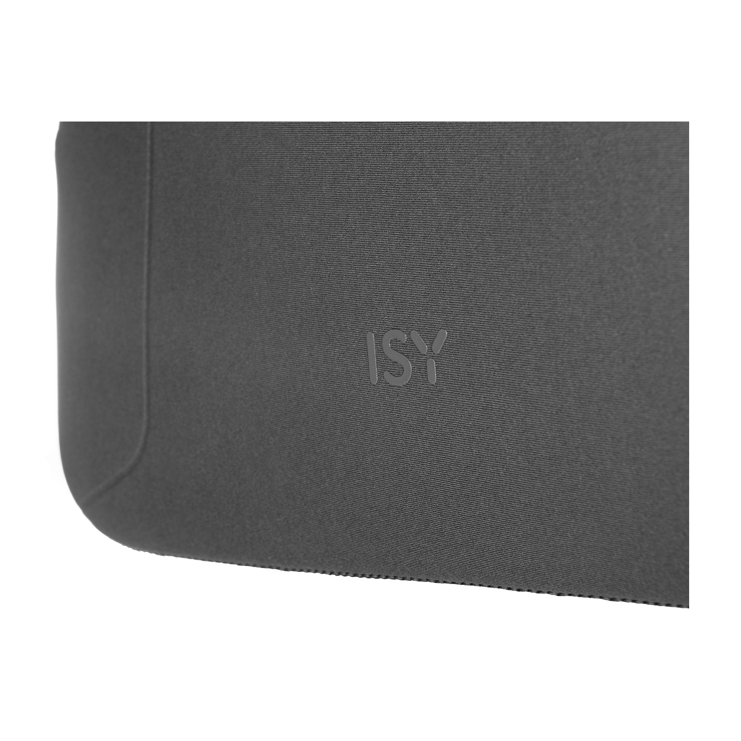Custodia ISY grigio scuro, primo piano. Il logo 'ISY' è in rilievo sulla custodia.