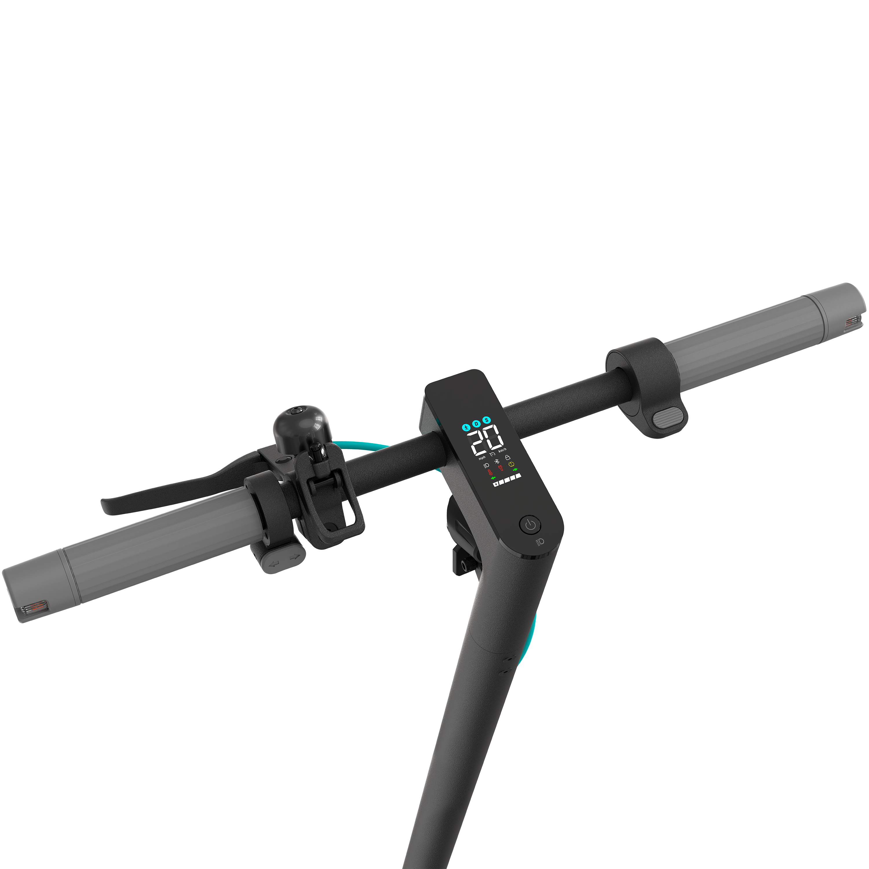 Rollerlenker mit Geschwindigkeitsanzeige, schwarz-graues Farbschema.