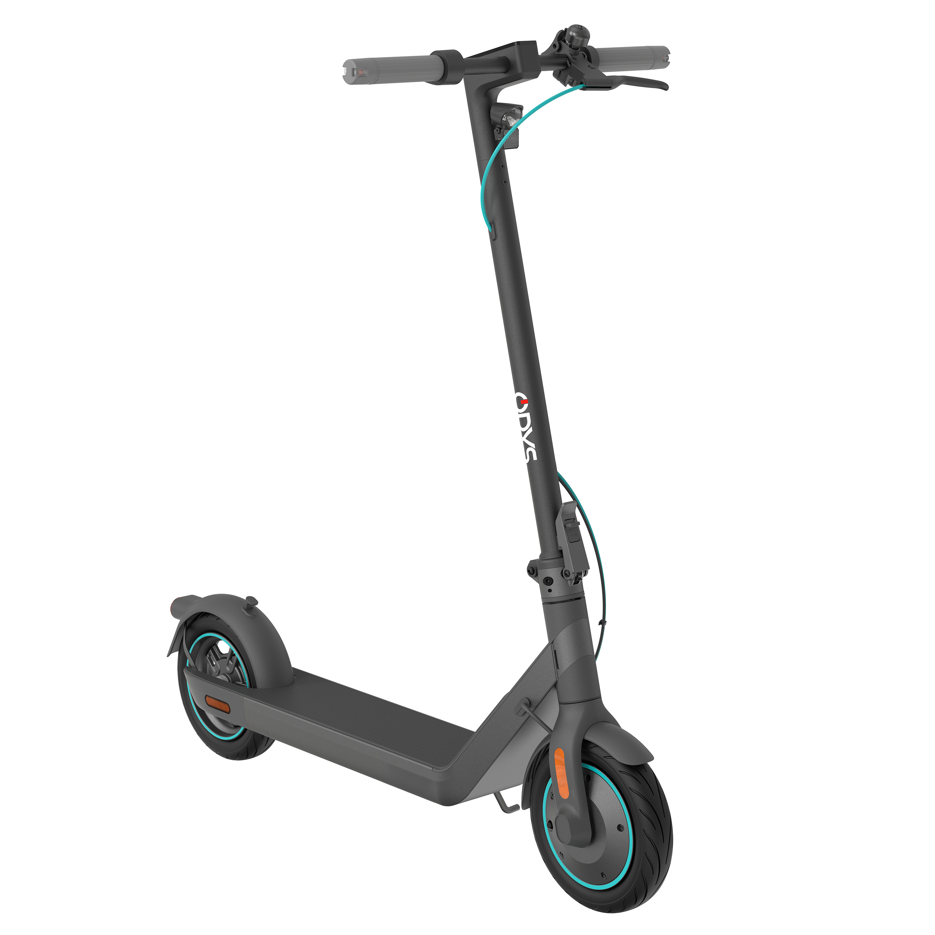 Ein grauer Elektroroller mit blauen und orangefarbenen Akzenten, aus der Frontansicht betrachtet.