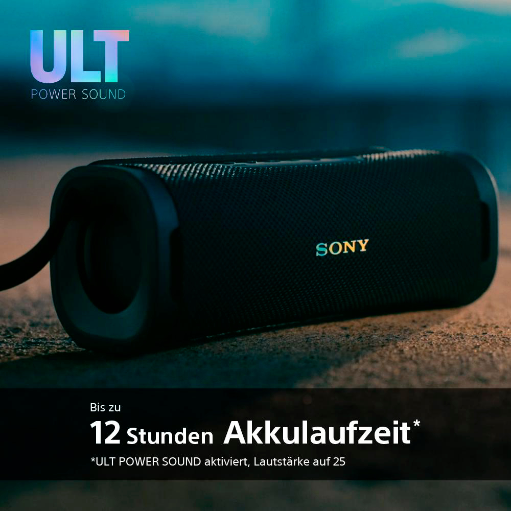 Schwarzer Sony-Lautsprecher mit Text, der 12 Stunden Akkulaufzeit anzeigt.