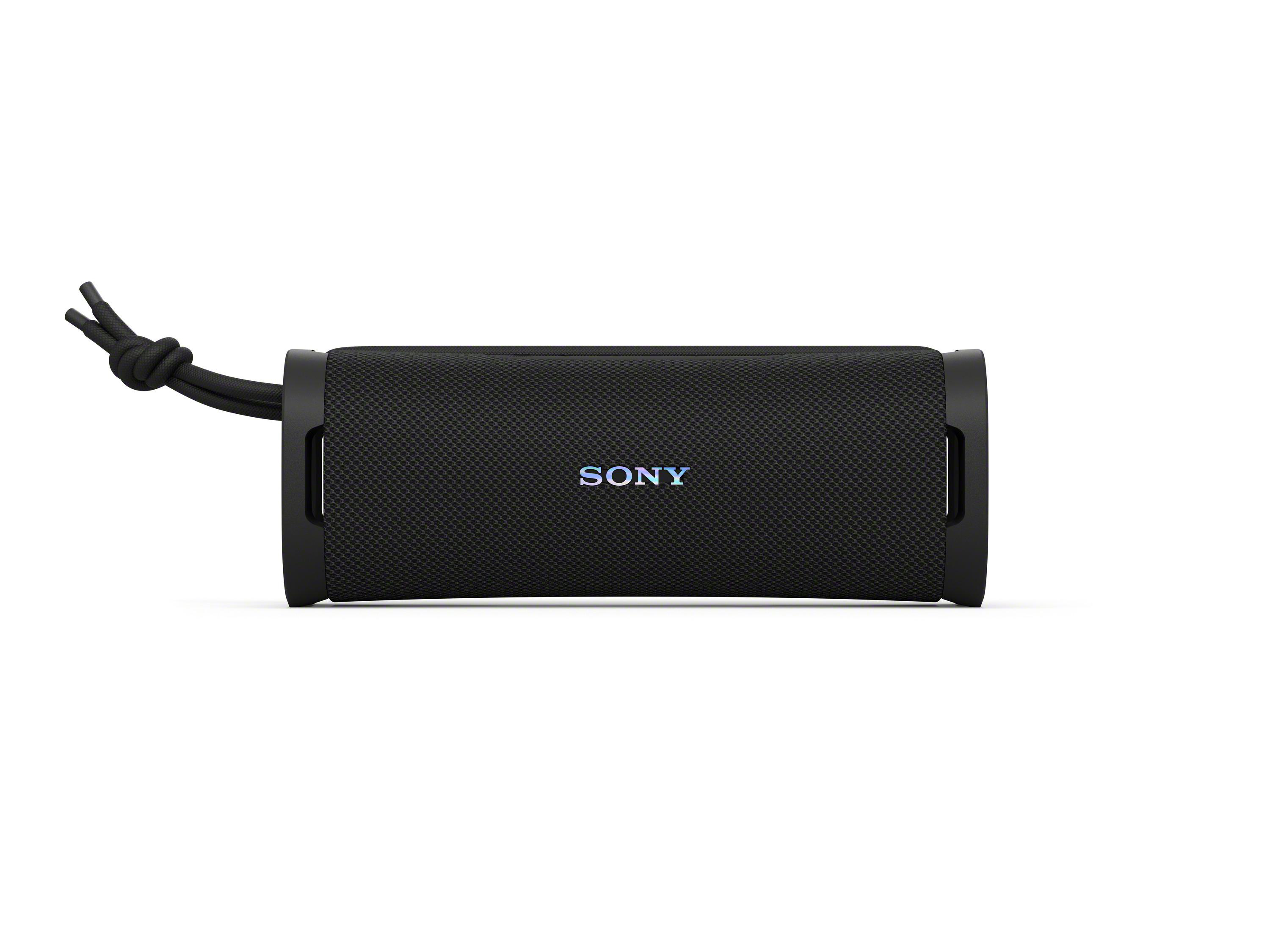 Schwarzer, zylindrischer Sony-Lautsprecher mit schwarzer Schlaufe und Sony-Logo.