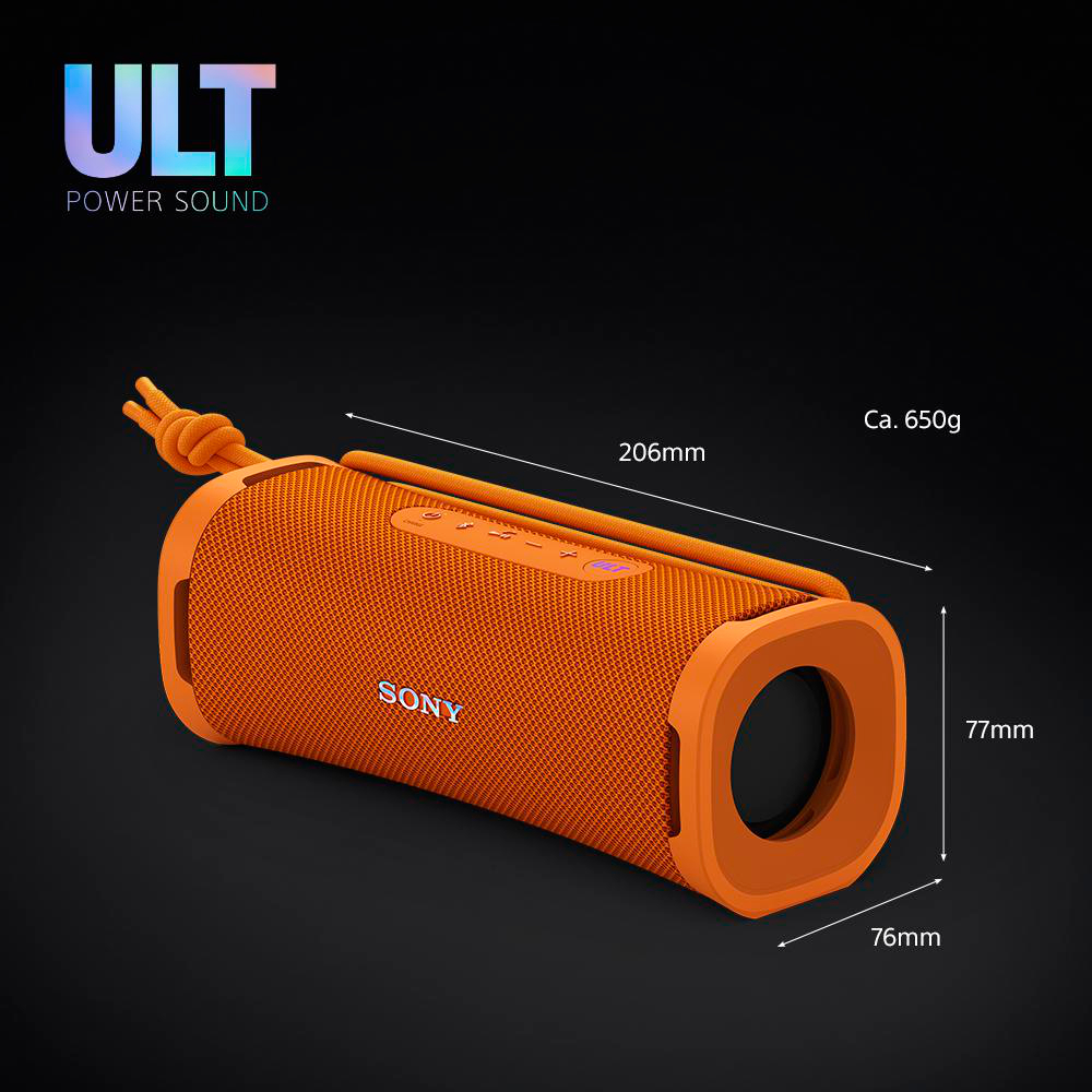 Oranger zylindrischer Sony-Lautsprecher mit Abmessungen.