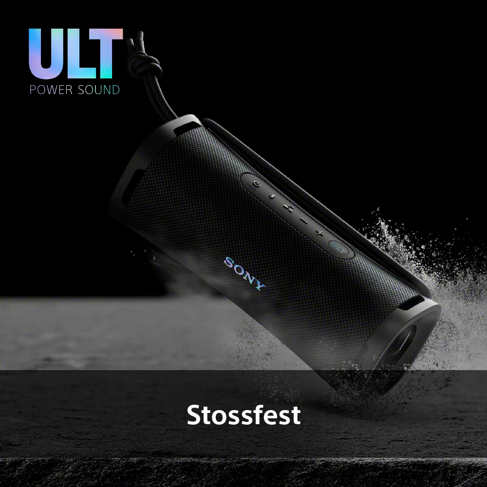 Schwarzer Sony-Lautsprecher mit 'ULT'-Logo, Wasserspritzeffekt, auf dunklem Hintergrund.