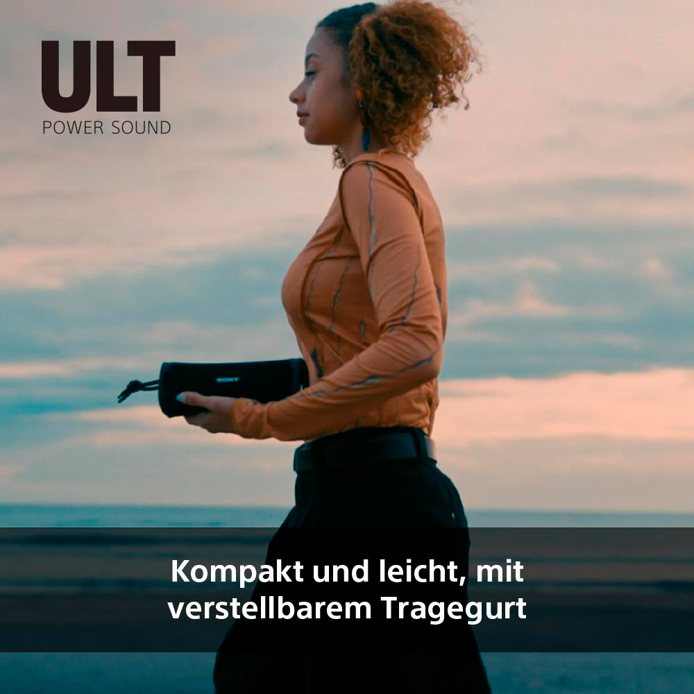 Frau hält einen schwarzen Lautsprecher, mit Text 'Kompakt und leicht, mit verstellbarem Trag-gurt'.