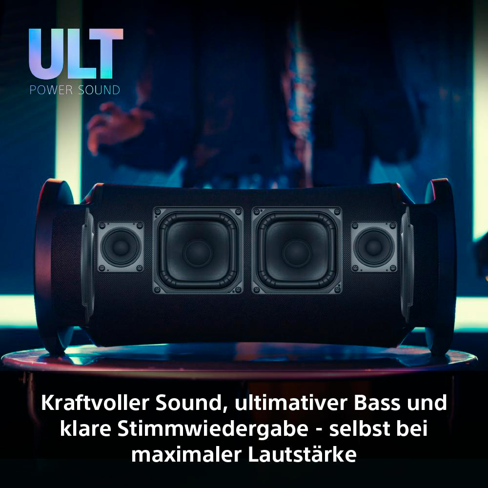 Schwarzer Lautsprecher mit Textüberlagerung. Dunkler Hintergrund, mehrere Lautsprecher.