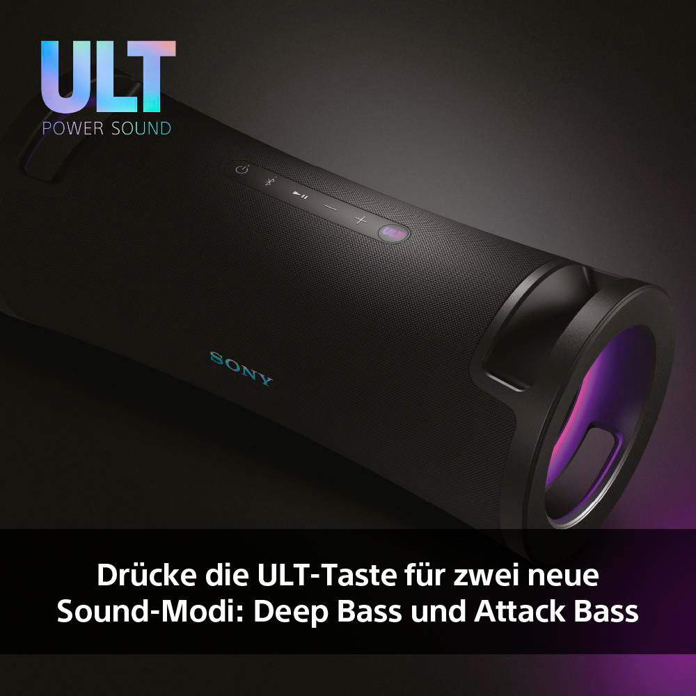 Schwarzer Sony-Lautsprecher mit violettem Licht, das vom Lautsprecher ausgeht. Text unten.