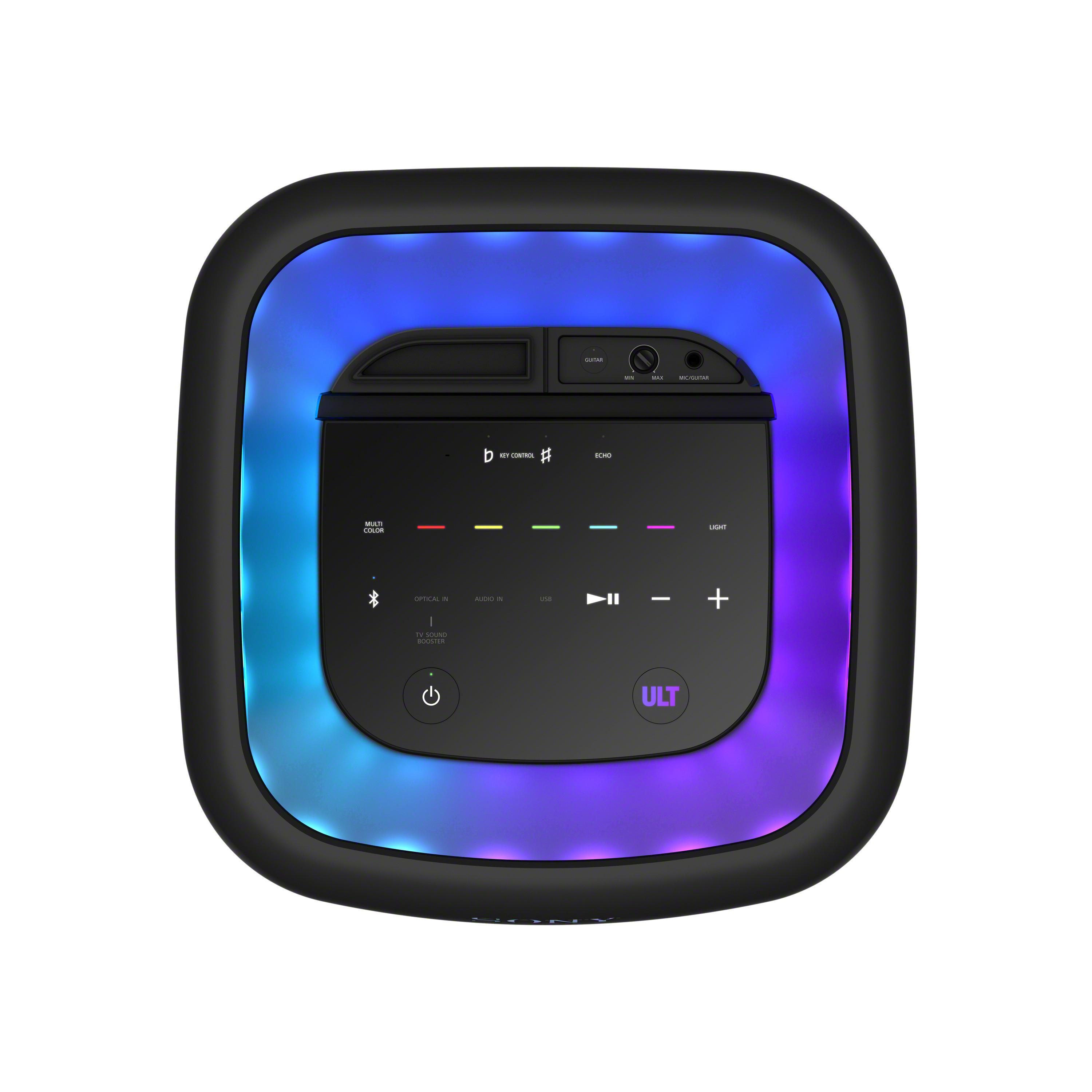 Schwarzer Lautsprecher mit blauen, lila und orangen Lichtern. Bedienelemente oben.