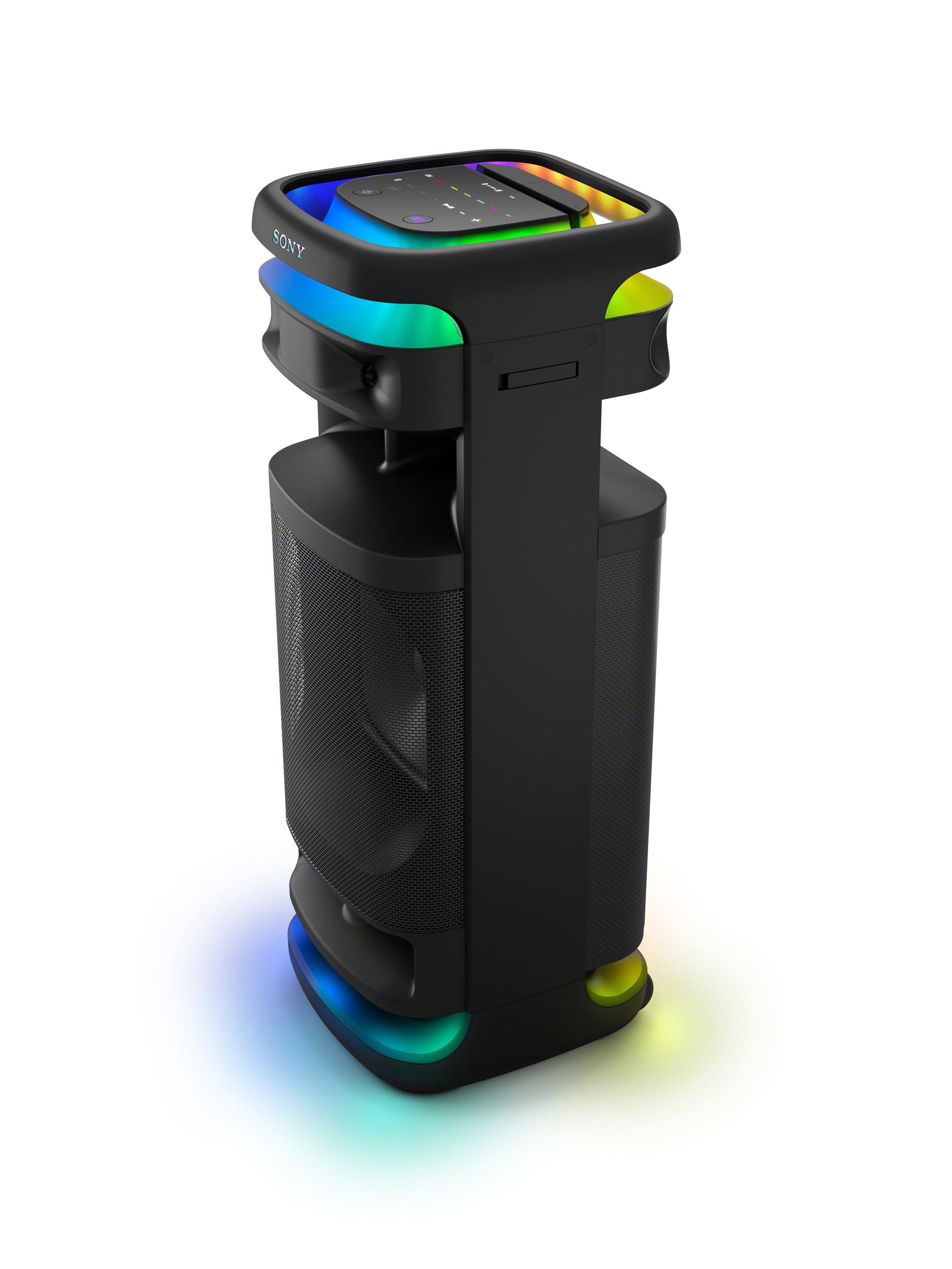 Ein schwarzer Sony-Lautsprecher mit bunten Lichtern. Zylindrisch mit mehreren Abschnitten.