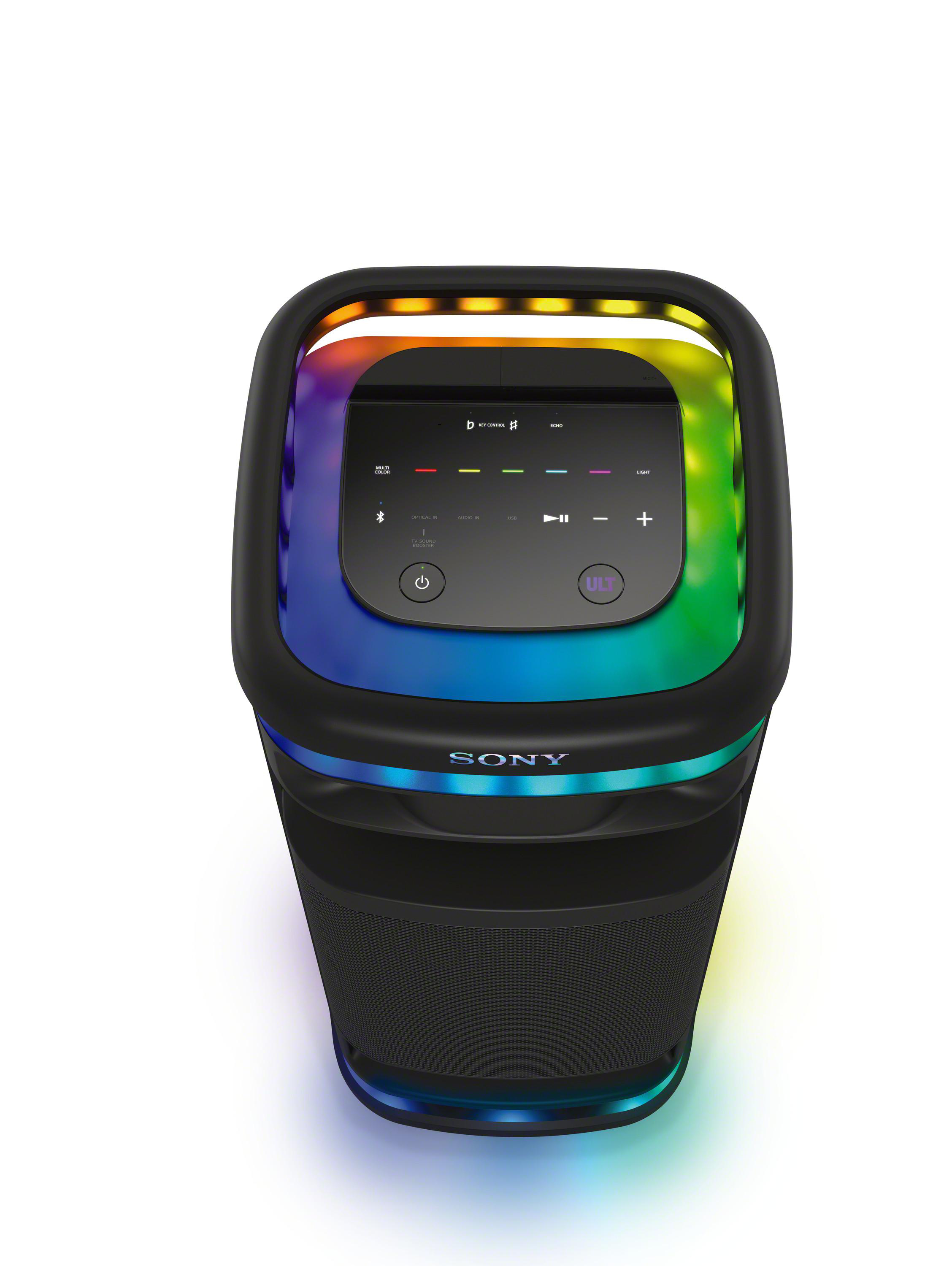 Schwarzer Lautsprecher mit farbigem Lichtring. Mit Knöpfen und SONY-Logo. Weißer Hintergrund.