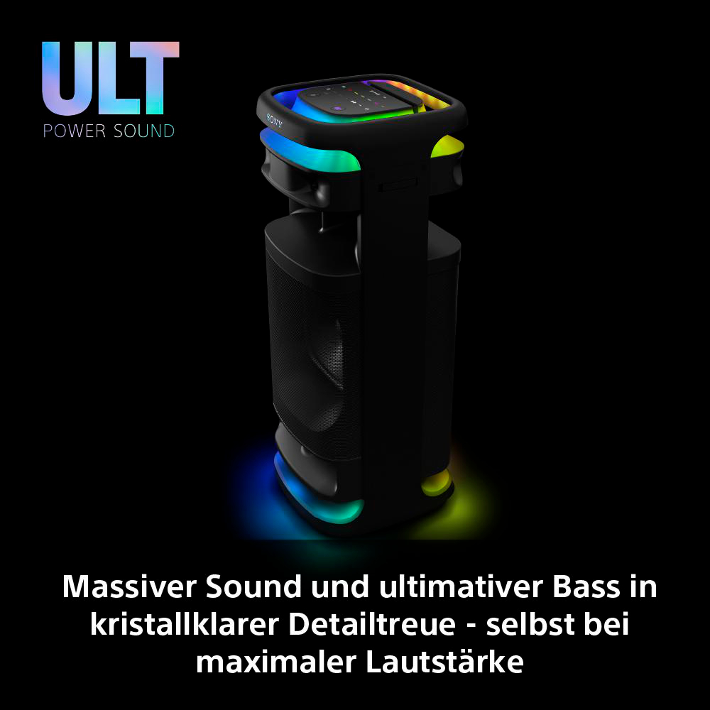 Schwarzer Sony-Lautsprecher mit bunten Lichtern. ULT Power Sound Logo ist sichtbar. Text: 'Massiver Sound'.