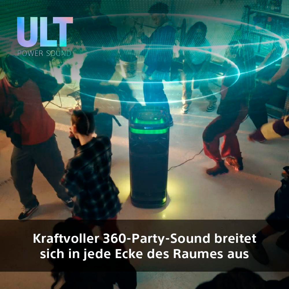 Partyszene mit tanzenden Menschen um einen schwarzen Lautsprecher mit blauem Licht.